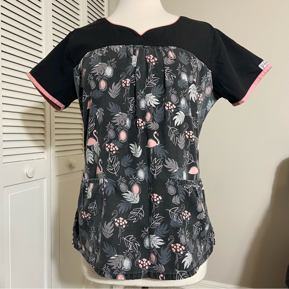 UA Scrubs Black and Pink Floral Top